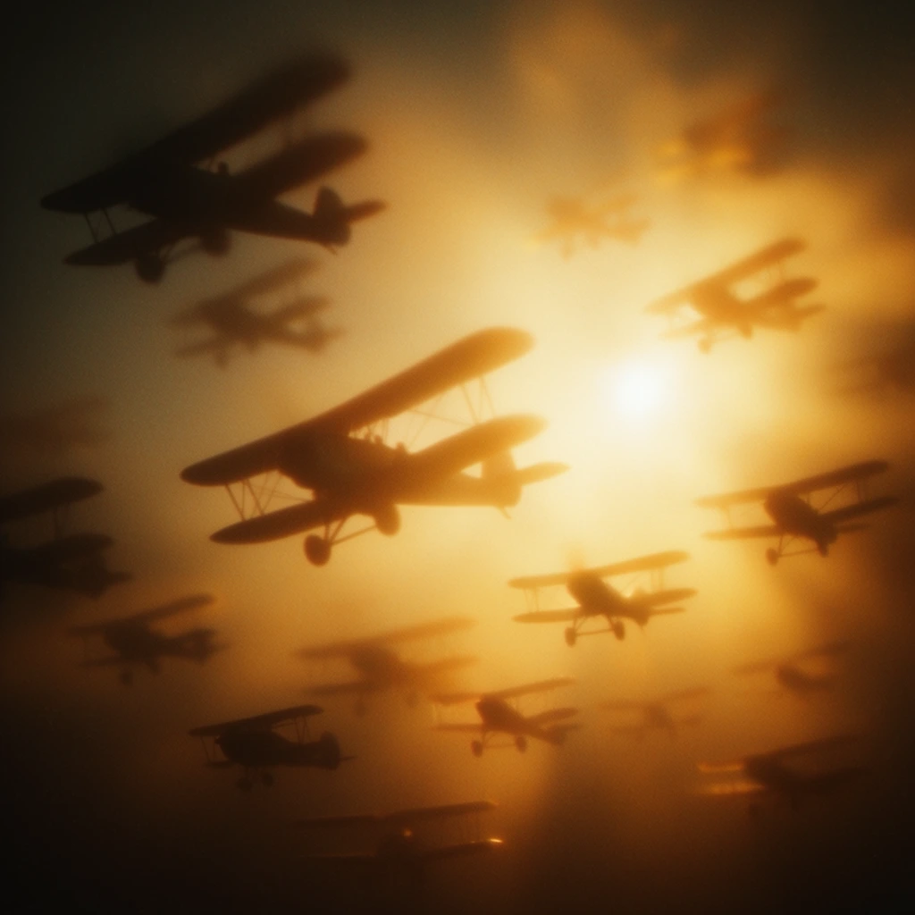 Many silhouetted biplanes fly scattered across a heavily diffused, golden sky. The aircraft form dark, soft-edged shapes against a brightly backlit, hazy atmosphere pierced by a luminous sun flare. The color palette consists of deep amber, warm gold, and dark sepia tones. The photographic style utilizes extreme optical diffusion and soft focus, creating a vintage aesthetic with blooming highlights and deep, soft shadows.