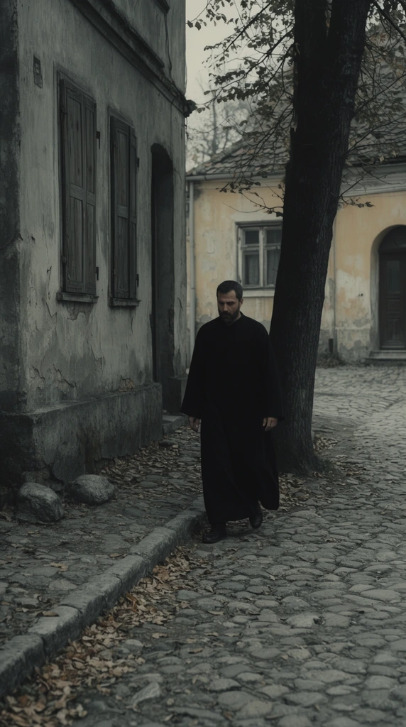 A solitary man in a flowing black robe walks along a cobblestone street in a weathered historic village. He moves near a stone curb scattered with dry autumn leaves, passing a thick dark tree trunk. Beside him is a deteriorating gray stucco building with closed wooden shutters. The background reveals pale yellow facades with peeling textures and an arched doorway. The cinematic shot features a heavily desaturated color palette of cool grays, washed-out ochres, and deep blacks. Overcast, diffuse lighting enhances the melancholic atmosphere, highlighting the rough, decaying textures of the uneven stones and aging architecture.
