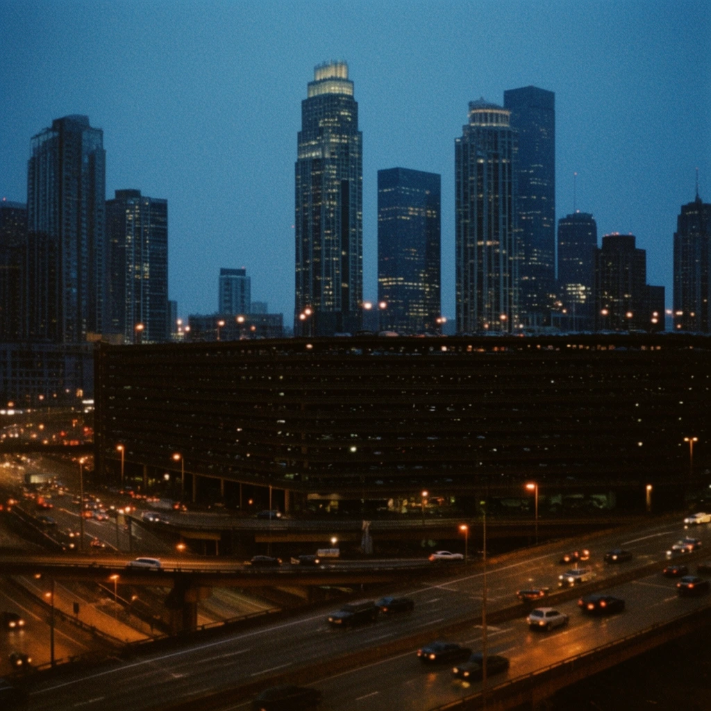 Twilight cityscape with illuminated tall skyscrapers against a deep blue sky. A broad dark parking structure overlooks an active highway interchange glowing with warm streetlights. Grainy 35mm film photography, moody cinematic aesthetic.