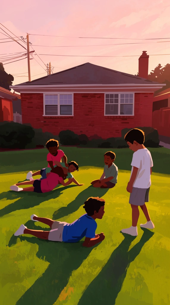 Rotoscoped digital illustration of five children playing on a green suburban lawn at golden hour. A boy in a blue shirt lies prone in the foreground, while a boy in white stands to the right. Three others wrestle and sit nearby. A red brick house with white windows sits behind them under telephone wires and a pink-tinged sky. Warm lighting creates long, dramatic shadows across the grass.