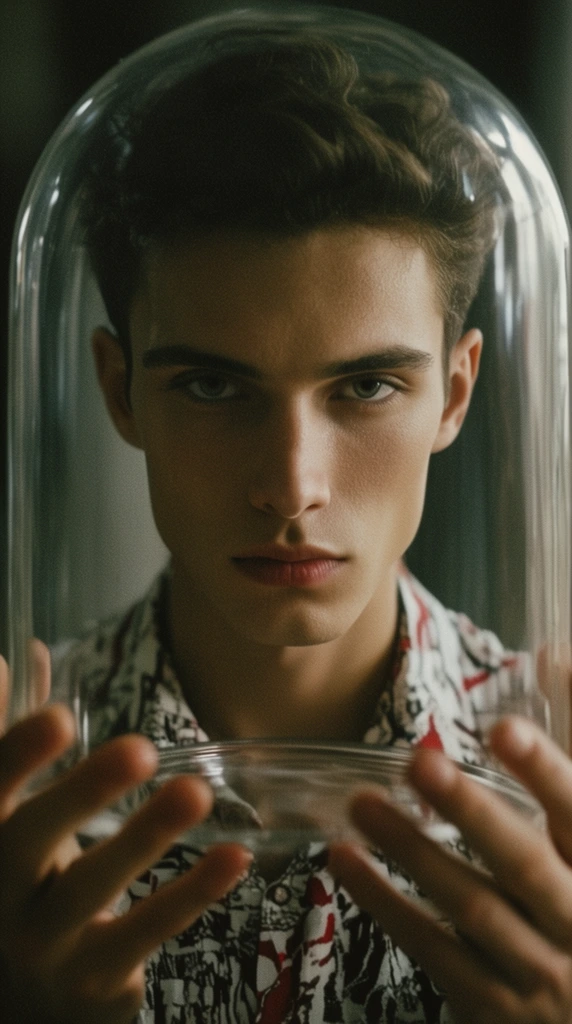 young man with sharp facial features staring directly through a clear curved glass dome held in his hands, hands gripping the bottom rim, wearing a white and dark patterned shirt with red accents, glass edges creating subtle reflections, cinematic lighting, muted tones, shallow depth of field, fine film grain, blurred dark background