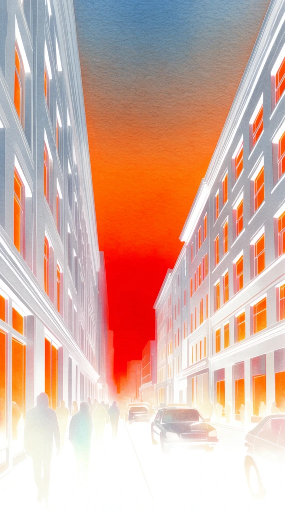 urban street canyon in one-point perspective, vibrant sky gradient of deep crimson red fading upward to fiery orange and muted blue, heavy watercolor paper texture, screen-print illustration style, pale silver building facades, glowing neon orange window reflections, ghostly washed-out silhouettes of pedestrians and vehicles at ground level, high-key overexposed foreground, solarized aesthetic, architectural geometry, luminous atmospheric color blocking