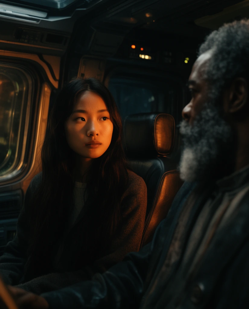 young East Asian woman looking attentively, warm amber lighting on face, over-the-shoulder view of older Black man with thick beard, dimly lit futuristic vehicle interior, dark leather seats, cinematic chiaroscuro, deep shadows, shallow depth of field