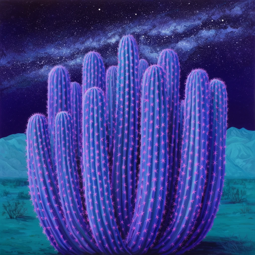 A surreal painting of towering saguaro cacti rendered in bioluminescent blues and purples with glowing pink star-shaped spines. The dense cluster stands on a teal desert floor before muted cyan mountains, illuminated by a dark indigo night sky filled with stars and a stylized Milky Way band.
