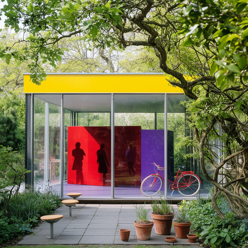 A modernist glass pavilion with a vivid yellow roofline stands nestled in a lush green garden. Floor-to-ceiling windows reveal silhouetted figures amongst bold red and purple interior partitions and a parked red bicycle. Grey patio pavers in the foreground hold terracotta pots and spring-mounted seats, framed by dense foliage and twisting tree branches. The bright daylight photography emphasizes the sharp contrast between primary-colored geometric structures and wild organic nature.