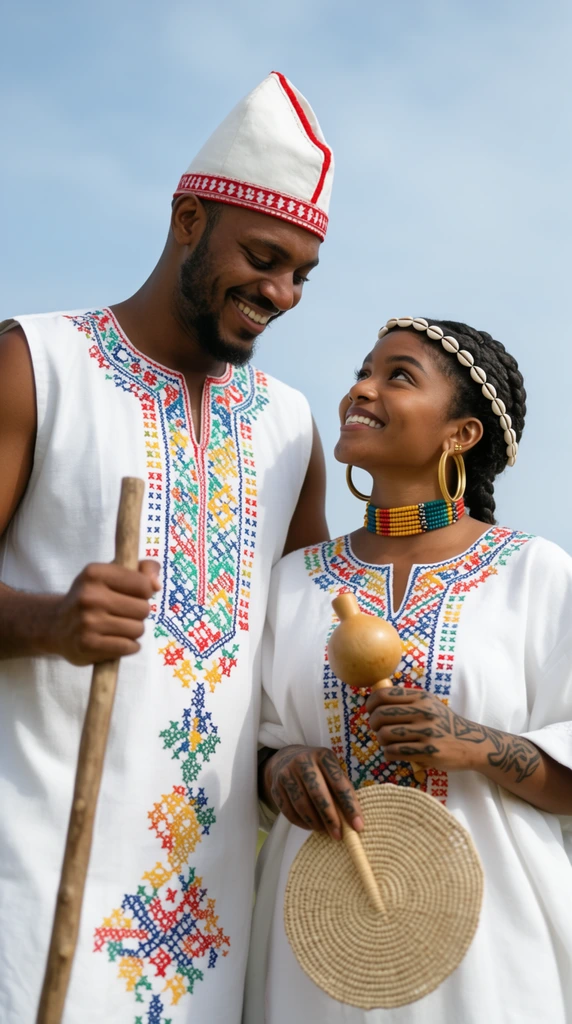 A smiling man and woman in traditional white garments with colorful cross-stitch embroidery stand against a soft blue sky. The man wears a sleeveless tunic and peaked white hat with red accents, looking downward while holding a wooden staff. The woman features braided hair with a cowrie shell headband, large gold hoop earrings, and a multi-strand beaded choker. She gazes up at him joyfully while holding a wooden gourd rattle and a woven circular fan in hands decorated with dark tattoos. Bright natural outdoor lighting and a low camera angle highlight the vibrant primary colors of the stitching against the crisp white fabric.