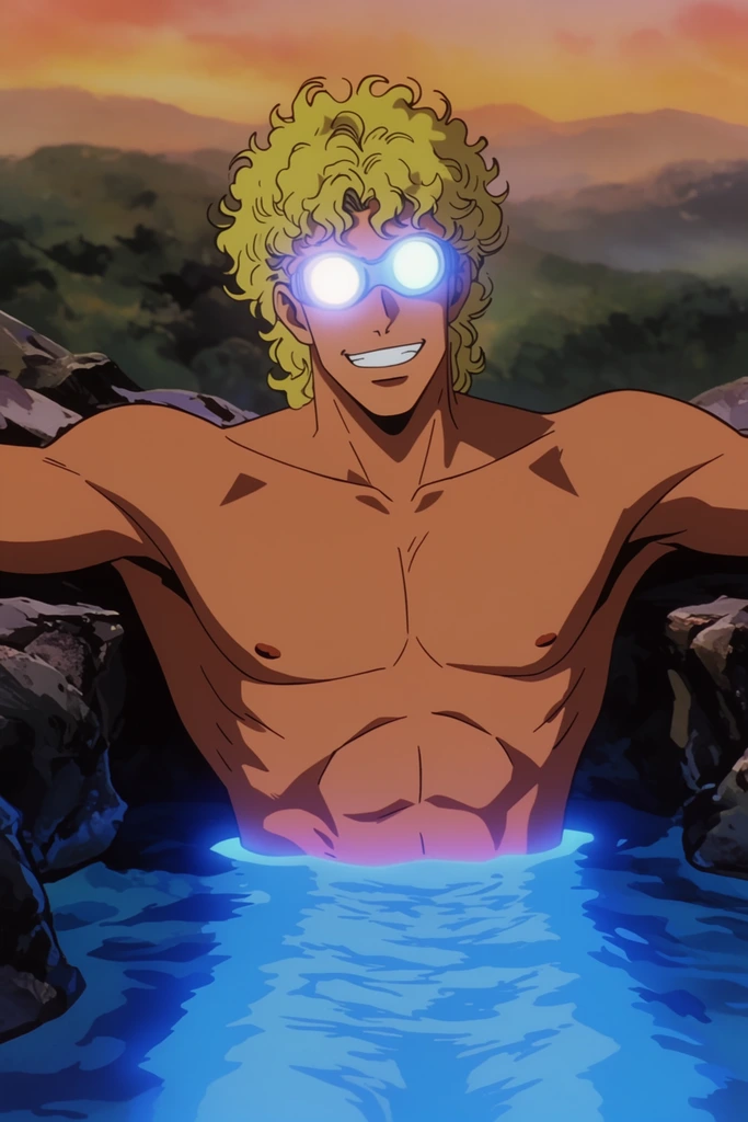 A muscular man with curly blonde hair and glowing goggles smiles cheerfully, relaxing waist-deep in a pool of glowing blue liquid. He leans on jagged dark rocks against a backdrop of hazy rolling hills under a warm sunset sky, rendered in classic 90s cel-shaded anime style.