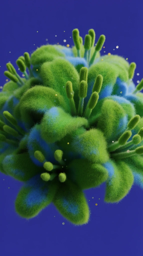 A macro close-up of a central cluster of thick, volumetric flowers and prominent stamens, entirely covered in a dense, fuzzy, fibrous, moss-like texture. The overlapping petals and protruding cylindrical stamens are rendered in highly saturated, vibrant grass green with soft patches of electric blue, appearing as tactile, pillowy 3D forms. The floral arrangement floats perfectly centered against a flat, solid deep ultramarine blue background. Soft, directional volumetric lighting casts deep, diffused shadows between the dense fibrous layers, highlighting the hyper-tactile, surreal quality of the organic shapes. Tiny, scattered translucent yellow and white spherical particles float suspended in the immediate space around the fuzzy anthers, with a shallow depth of field slightly blurring the outermost floating specks. The composition utilizes a pristine 3D digital art aesthetic, prioritizing intense color contrast, macro-scale textural density, and pristine volumetric softness.