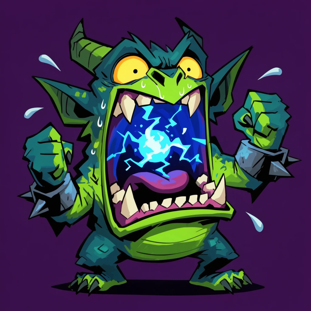 Exaggerated cartoonish bipedal gargoyle screaming, massive gaping jaw, crackling blue plasma orb inside mouth, neon green and deep teal scaly skin, wide terrified glowing yellow eyes, raised fists with spiked gauntlets, sweat droplets flying outward, dynamic action pose, bold graphic outline, solid dark violet background, flat cel-shaded style, intense energetic expression