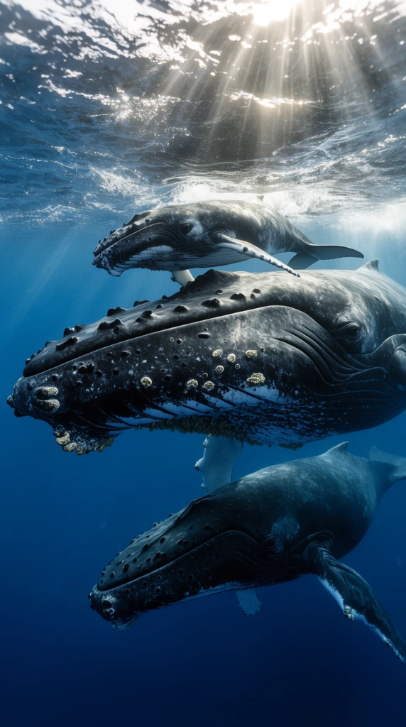 Large humpback whale swimming with calf above and third whale below, deep blue ocean, textured dark skin with white barnacles, sun rays piercing turbulent water surface, dappled underwater lighting, cinematic marine photography