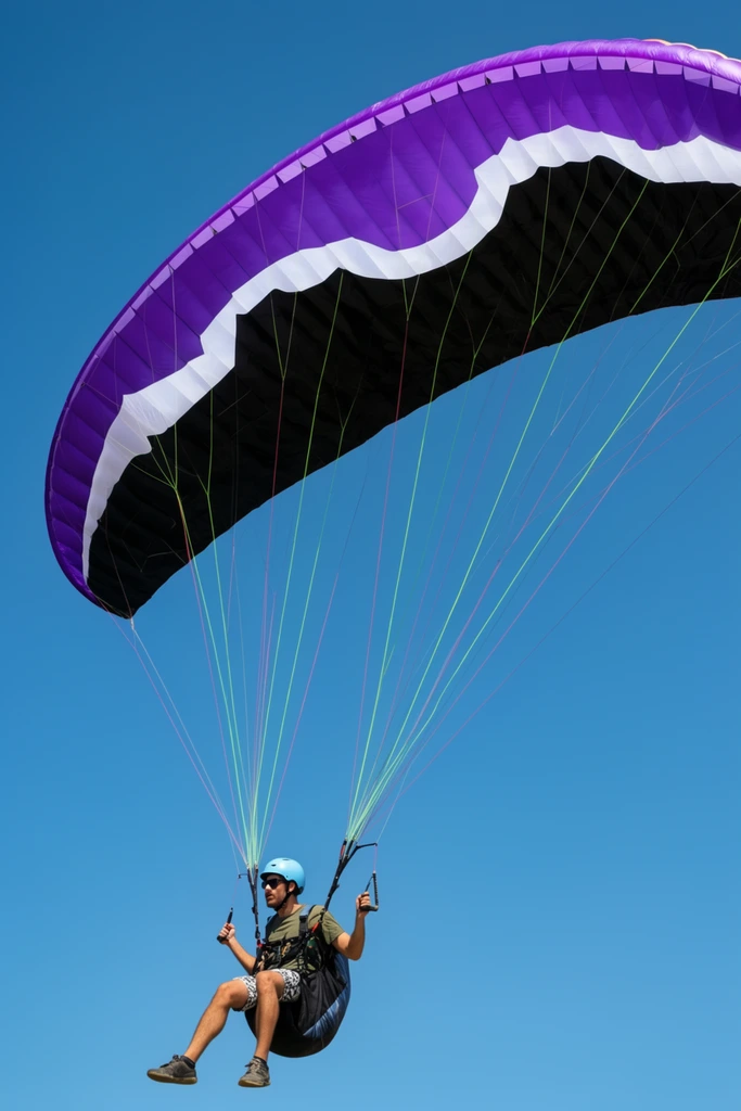 A paraglider suspended mid-air against a cloudless azure sky, steering a massive, fully inflated canopy. The semi-elliptical wing dominates the upper frame with a vibrant purple top, a jagged white middle stripe, and a solid black underside. Thin neon green and pink suspension lines fan downward to a complex black harness. The man wears a light blue helmet, dark sunglasses, an olive green t-shirt, and patterned shorts, gripping the control toggles while looking left. Shot from a low angle, the composition emphasizes the sheer scale of the equipment. Bright, direct sunlight casts crisp shadows across the figure, highlighting the dynamic, high-contrast aesthetic of action sports photography.