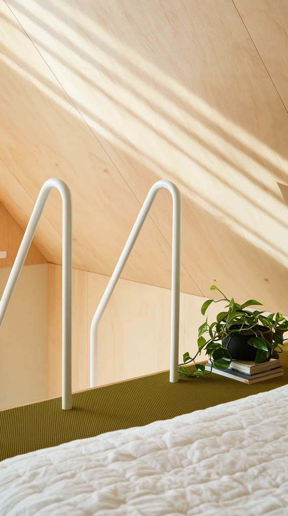 minimalist loft interior, slanted light plywood ceiling with diagonal sunlight shadows, two curved white tubular metal handrails descending, olive green textured floor mat, soft white quilted fabric in foreground, green trailing plant in dark pot on stacked books, high angle architectural photography, warm natural lighting, clean geometric lines