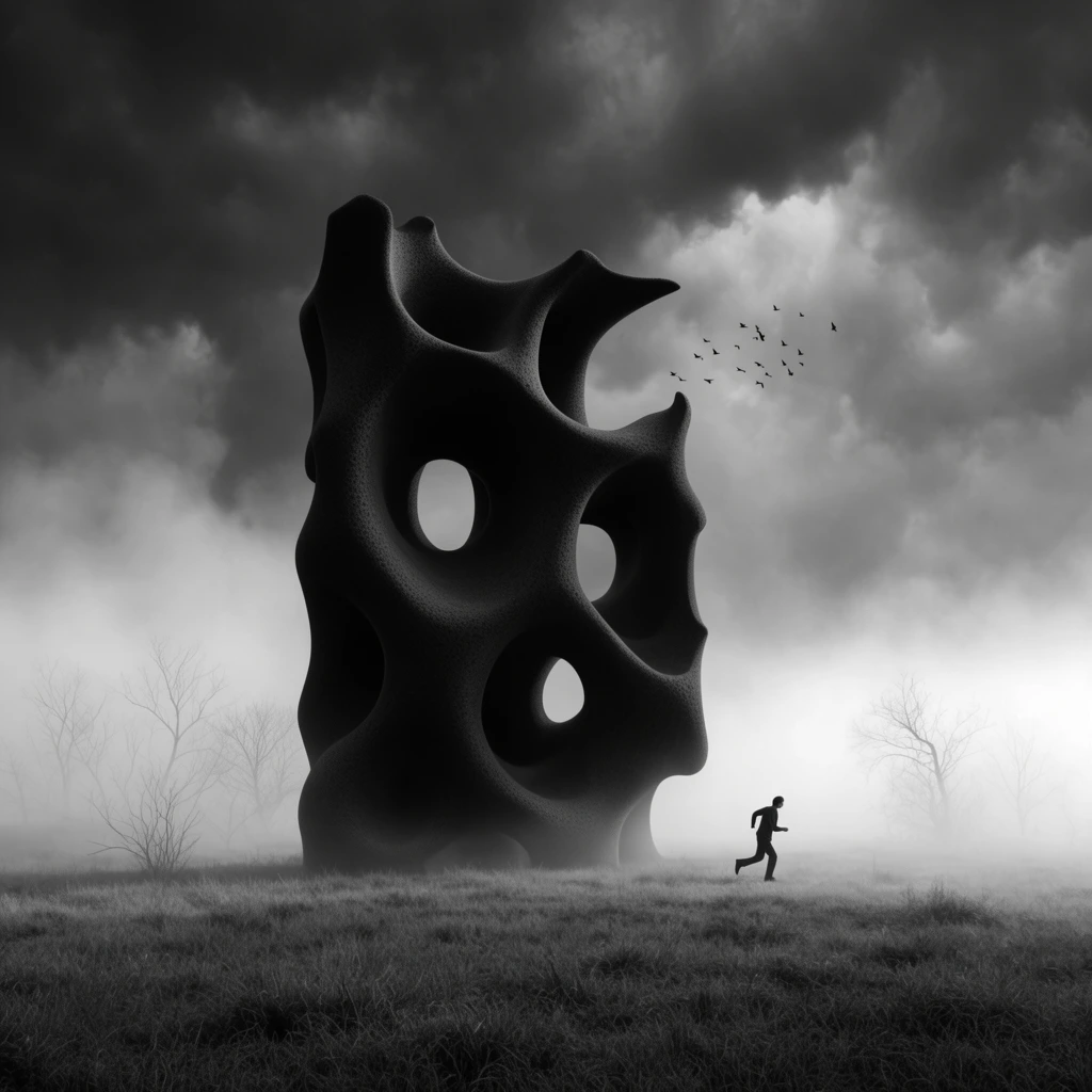 A massive, dark, abstract monolith with smooth, gaping holes dominates a desolate grassy field in a dramatic black and white surrealist composition. The organic, sponge-like structure looms over a tiny, silhouetted figure running to the right. Thick mist blankets the background, obscuring sparse, barren trees. Heavy, brooding clouds fill the sky, contrasting with the bright fog below, while a small flock of birds flies near the structure's jagged upper edge.