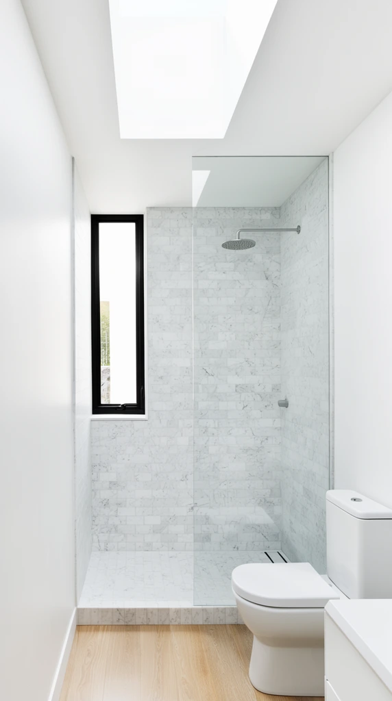 minimalist white bathroom interior, walk-in marble tile shower, clear glass partition, silver showerhead, narrow black-framed window, bright skylight, white toilet, light wood floor, clean architectural photography