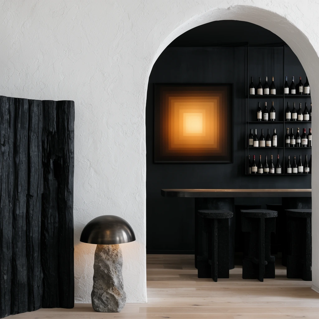 A high-contrast minimalist interior defined by a textured white plaster archway framing a dark room. The foreground features a rough black wooden partition beside a mushroom-shaped lamp with a stone base and dark metallic shade. Through the archway, dark walls showcase a glowing abstract artwork of concentric amber squares. Black metal shelves display wine bottles near a bar counter with brutalist black stools on a light wooden floor.