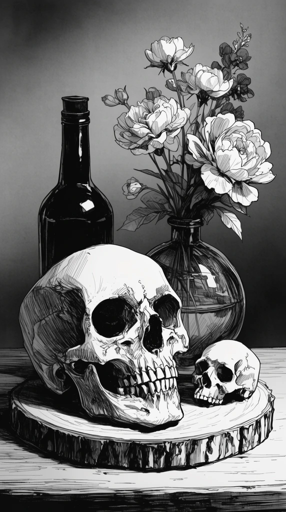 A black-and-white ink illustration of a macabre still life. A detailed human skull rests on a wood slice next to a smaller skull. Behind them, a dark bottle and a round glass vase hold blooming flowers, rendered with crisp cross-hatching and deep shadows against a gradient background.