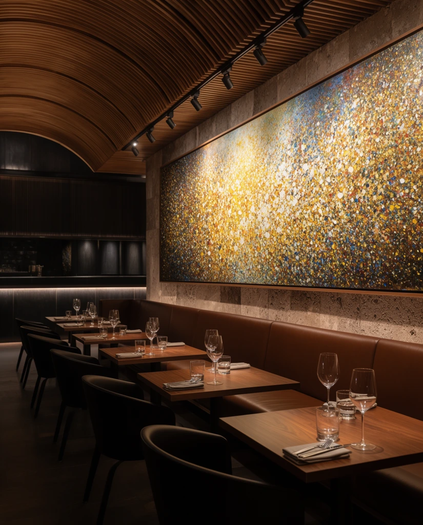 An upscale restaurant interior features square wooden tables lined along a continuous brown leather banquette, set with clear wine glasses, water tumblers, and folded napkins holding silverware. Dark curved chairs face the seating arrangement. A massive horizontal abstract painting dominates the textured stone wall, displaying a dense pointillist explosion of gold, yellow, white, and blue speckles. Warm track lighting mounted on a curved, slatted wooden ceiling highlights the vibrant artwork and polished table settings. A darkly paneled bar area with soft ambient under-lighting recedes into the background, completing the moody, sophisticated architectural composition.