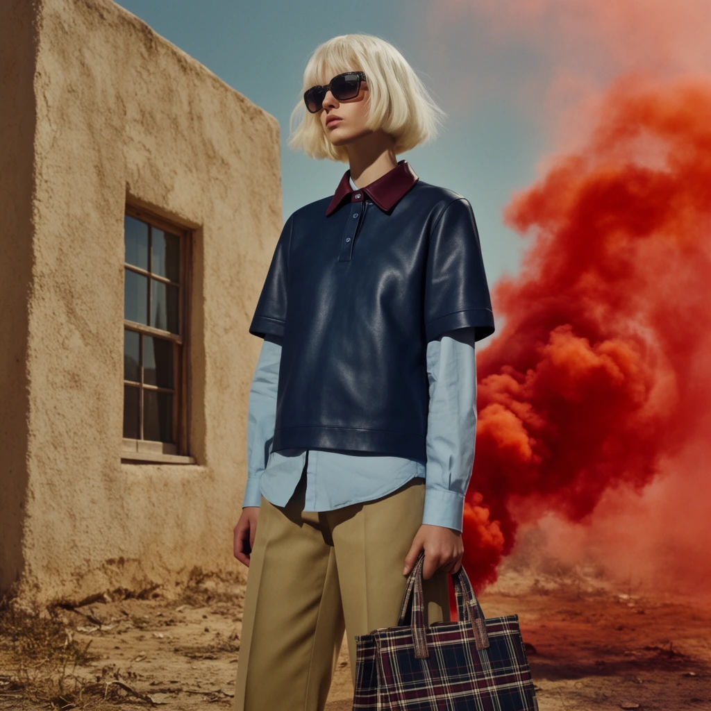 A fashion model with a platinum blonde bob and sunglasses stands beside a beige stucco building. The model wears a dark blue leather short-sleeved polo with a burgundy collar over an untucked light blue shirt and khaki trousers, holding a plaid tote bag. A dense plume of vibrant red-orange smoke billows dramatically from the right, contrasting with the pale blue sky and arid dirt ground. The high-fashion editorial composition features harsh cinematic lighting, a low camera angle, and rich color contrasts between the cool sky, rough warm architecture, and the surreal smoke cloud.