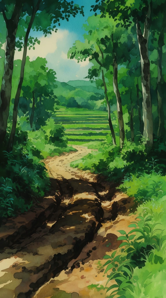 winding dirt path in a lush green forest, dappled sunlight casting deep shadows on muddy ruts, tall trees, distant terraced fields, hand-painted 2D animation background art, vibrant watercolor textures, serene rural landscape