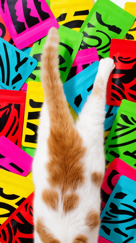 An overhead shot captures the back half of a fluffy white and orange cat diving headfirst into a dense pile of brightly colored rectangular plastic pouches. The cat's tail points straight up with one white hind leg stretched outward. The scattered flat pouches create a vibrant background of solid neon pink, cyan, lime green, bright yellow, and bold red, decorated with bold black abstract graphic patterns. The top-down flat lay features bright, even studio lighting, emphasizing a playful, high-contrast commercial aesthetic.