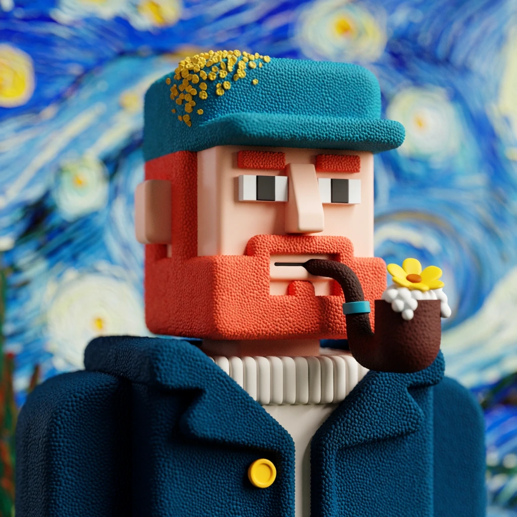 A stylized, block-based 3D figure of a man with a red beard and a blue hat stands in a close-up portrait against a swirling, painterly background. The figure has a cuboid head with smooth, pale skin and geometric features, including rectangular eyes with square black pupils and a blocky nose. His thick, orange-red beard and hair are rendered with a dense, granular texture. A teal-blue flat-topped cap rests on his head, covered in a similar fine, bumpy texture and accented with clusters of small yellow flecks on the top left. He wears a thick, dark blue coat with a coarse, pebble-like texture and a single yellow circular button, layered over a white, ribbed sweater collar. A dark brown, textured pipe is held in his mouth, featuring a bright yellow flower and white foam-like substance protruding from its bowl. The background is a vibrant, out-of-focus composition of swirling blue and white strokes punctuated by circular yellow spots, reminiscent of a post-impressionist painting. The 3D rendering employs a shallow depth of field, keeping the character in sharp focus while the background remains softly blurred, and the lighting is bright and even, emphasizing the various tactile textures of the figure.