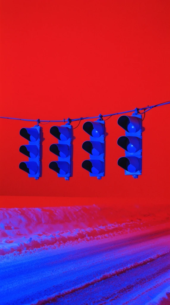Four traffic lights suspended from a taut horizontal wire above a snowy road, rendered in an extreme, high-contrast bichromatic aesthetic. The geometric housings and hoods of the traffic lights are bathed entirely in intense, saturated electric blue gel lighting, carving out their volumetric shapes with sharp highlights and deep, solid shadows. Below, the textured, undulating surface of the snow-covered road reflects the same harsh electric blue illumination along its raised ridges. The entire surrounding environment and the sky behind the lights are flooded in a stark, seamless, solid neon red. This unyielding crimson wash engulfs the negative space, creating a severe color-blocking effect where the vivid blue subjects pop with extreme graphic intensity against the saturated red void. The image features a minimalist composition, sharp focus, fine photographic grain, and a hyper-stylized commercial art treatment that reduces the scene to bold, contrasting duotone elements.
