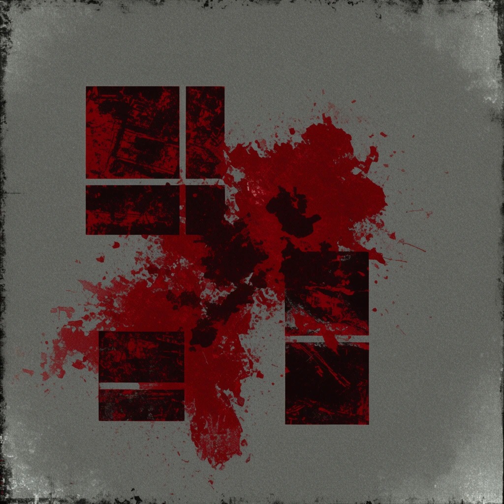 Abstract composition, ragged crimson splatters and distressed geometric forms arranged centrally, textured muted grey background, heavy film grain, gritty horror aesthetic, macabre style, stark contrast, minimalist framing, distressed edges
