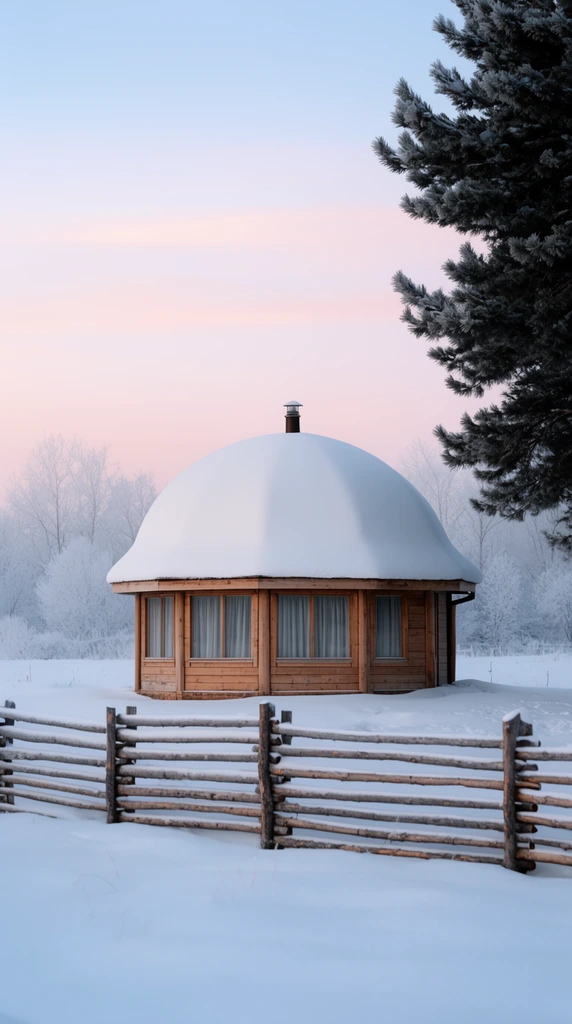 octagonal wooden cabin with a thick snow-covered dome roof, curtained windows, pristine snowy field, rustic wooden split-rail fence spanning the foreground, large dark pine framing the right edge, distant frost-coated trees, pastel twilight sky with pale pink and blue hues, serene winter landscape photography, soft natural lighting