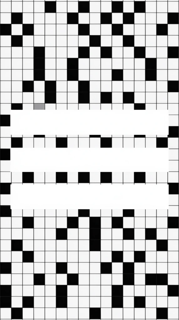 high contrast geometric graphic design, classic empty crossword puzzle grid, dense matrix of interlocking square cells, irregular scattered pattern of solid black squares among blank white squares, flat 2D top-down perspective, three prominent solid white rectangular blank banners overlaid horizontally across the center, overlapping and obscuring the underlying grid pattern, sharp thin dark grid lines delineating each individual cell, strictly monochromatic black and white color palette, clean minimalist mathematical aesthetic