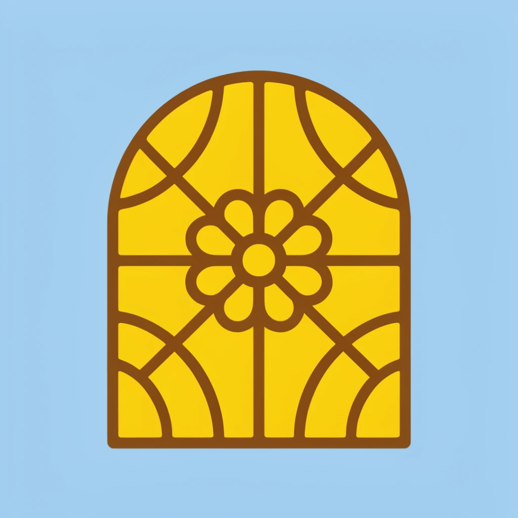 flat vector icon of an arched window, solid bright yellow panes, thick brown geometric lines, central circular floral motif, symmetrical curved grid, solid light blue background, unshaded minimalist graphic