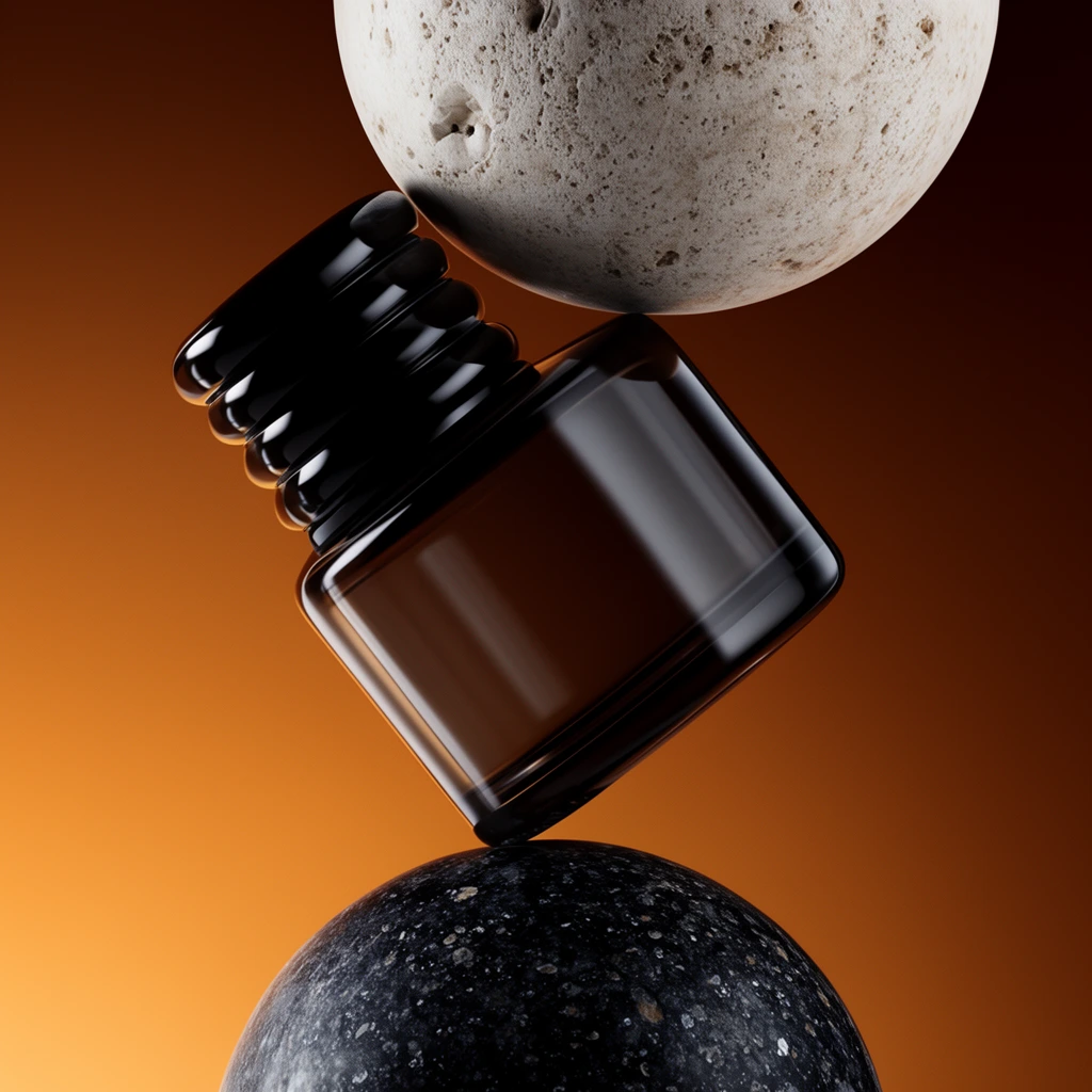 dark translucent glass bottle balancing diagonally between two textured stone spheres, glossy ribbed cap, pale porous upper sphere, dark speckled lower sphere, warm amber gradient background, dramatic studio lighting, minimalist composition