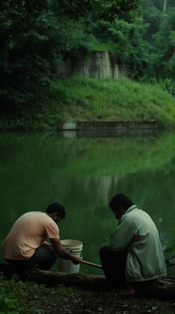 Two men sit on a log at the edge of a still, green pond enveloped by dense foliage. The left man crouches in a peach t-shirt, reaching toward a white bucket and a wooden pole extending over the water. The right man sits hunched in profile wearing a pale green jacket. Across the reflective water, a steep grassy embankment partially obscures a weathered concrete structure. The cinematic wide shot features subdued natural lighting and a moody palette of deep emerald greens.
