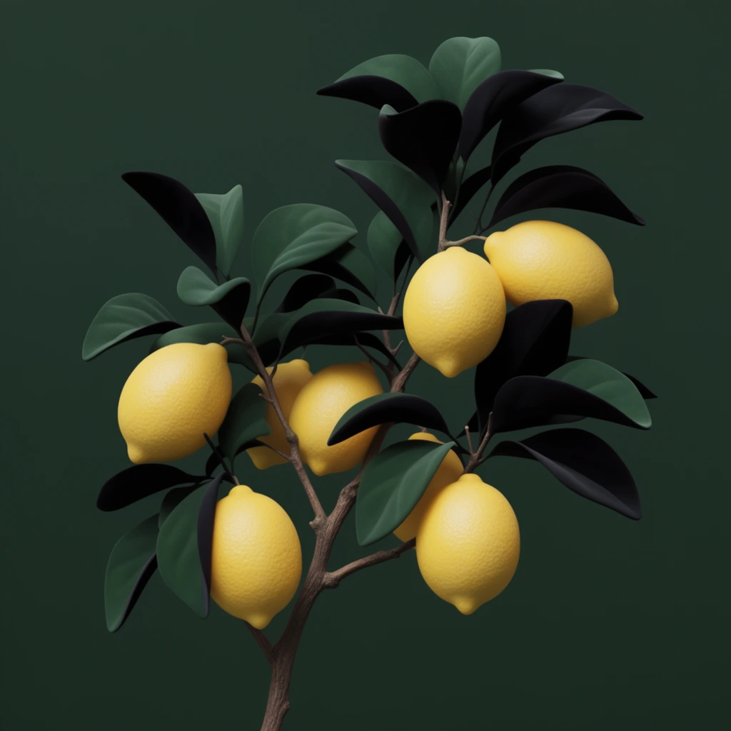 A hyper-stylized still life of a lemon branch bearing a cluster of vivid yellow lemons against a seamless, deep forest green background. The lemons feature a finely dimpled citrus texture that contrasts sharply with the smooth, matte finish of the surrounding foliage. The structural, ovate leaves exhibit a striking two-tone coloration, presenting velvety dark green top surfaces and stark, near-black undersides. A slender, textured brown wooden bough weaves through the elegant composition, supporting the plump fruit. Soft, directional studio lighting accentuates the volumetric curves of the lemons and casts crisp shadows across the pristine leaves, creating a moody, minimalist 3D-rendered aesthetic with high color contrast.