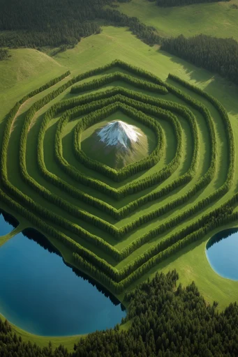 Surreal Geometric Minimalism style reference image — high-angle overhead view