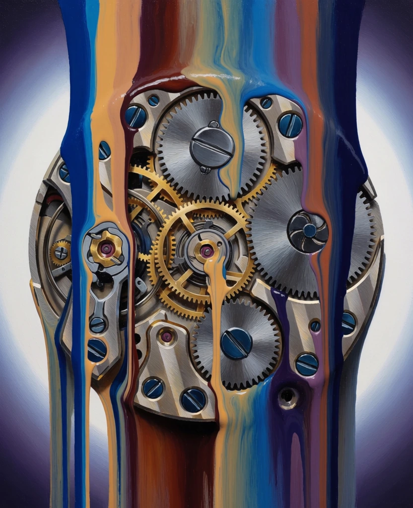 macro oil painting of an intricate watch mechanism, brass gears and springs deconstructing into sharp vertical paint drips, flat saturated ribbons of indigo and warm ochre liquid flowing downward, centered against a soft glowing white circular halo, moody atmospheric background of muted forest green and charcoal bokeh, diagonal metal axis, blend of hyper-realistic textures and graphic abstraction, smooth painterly finish, soft ambient lighting with high-contrast focal points.