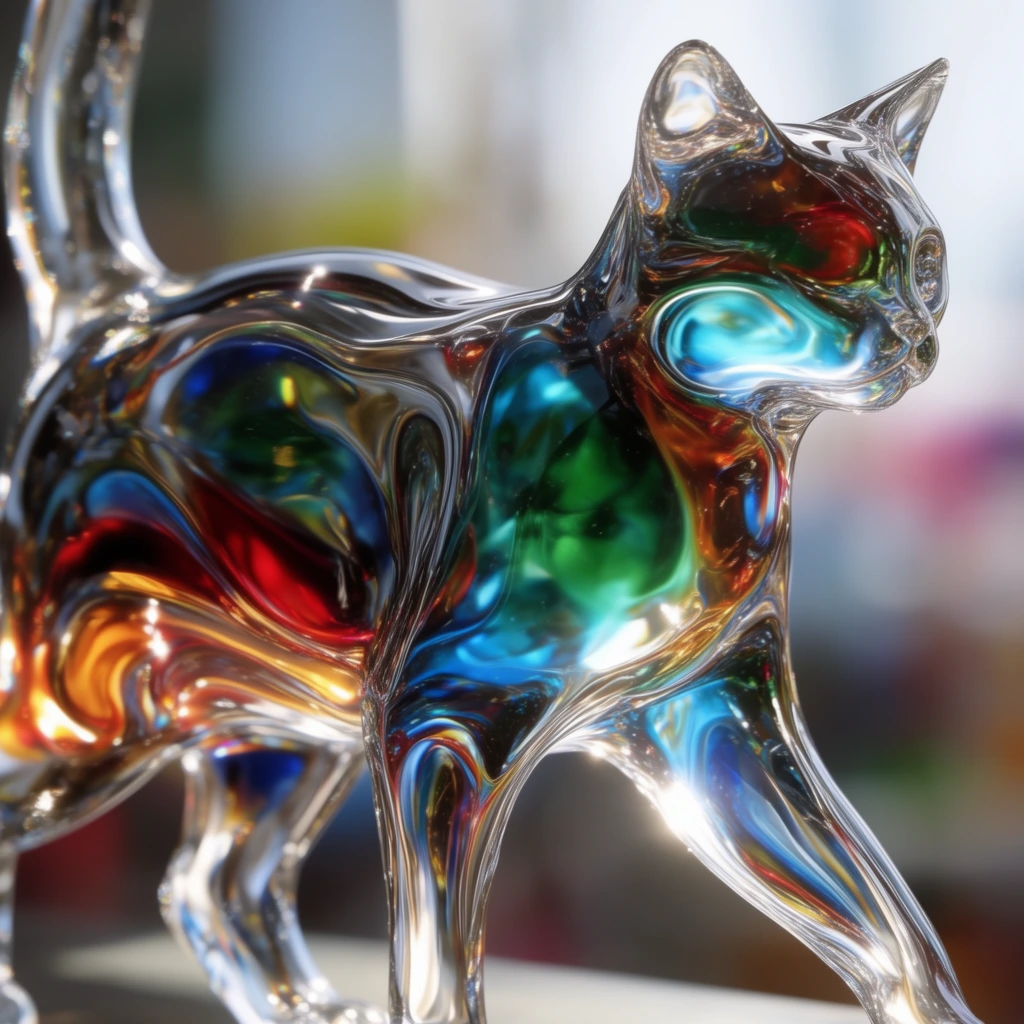 A figure of a walking cat sculpted entirely from highly polished, translucent glass with a viscous, fluid-like texture. The feline silhouette is composed of sweeping, organic curves and stretched, undulating contours. Intense, directional light pierces the smooth, refractive material, creating brilliantly bright white specular highlights along the rounded edges of its back and striding legs. Deeply saturated jewel tones refract within the clear glass form, displaying high-contrast, glowing pools of emerald green, vivid cyan, sapphire blue, ruby red, and fiery amber. The composition utilizes macro photography techniques with an incredibly sharp focus on the glossy, liquid-like surface of the cat, while internal optical distortions and chromatic aberrations warp the vibrant interior colors. The brilliant, multi-colored glass figure stands out against a heavily blurred, brightly illuminated background filled with soft color washes.