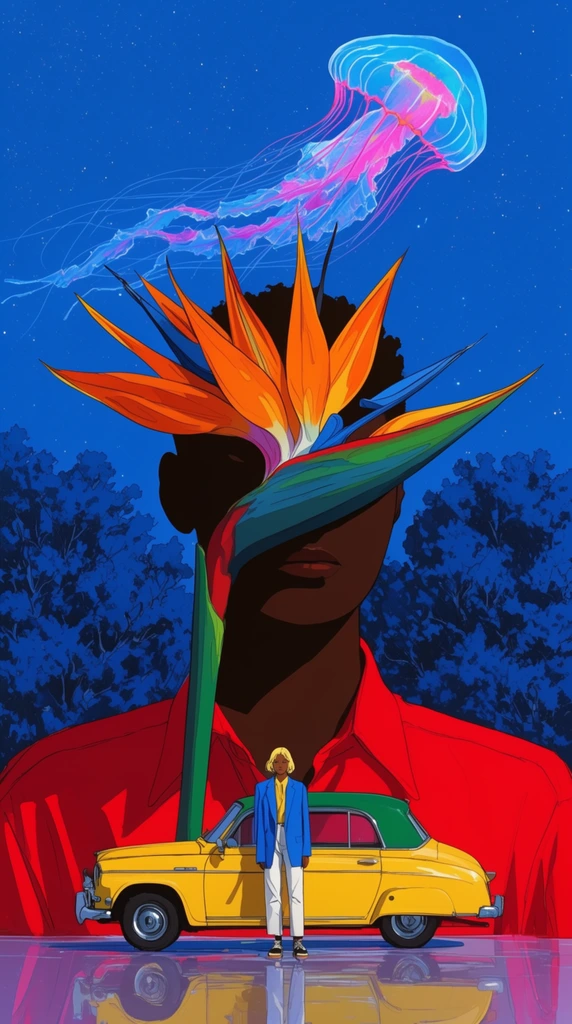 Surreal cel-shaded illustration of a colossal dark-skinned figure in a vivid red shirt holding a giant bird of paradise flower obscuring their face. A miniature blonde person in a blue blazer stands below next to a vintage yellow car with a green roof. A neon blue and pink jellyfish floats in a starry azure sky above dark blue trees, the vibrant scene reflecting on a glossy surface.