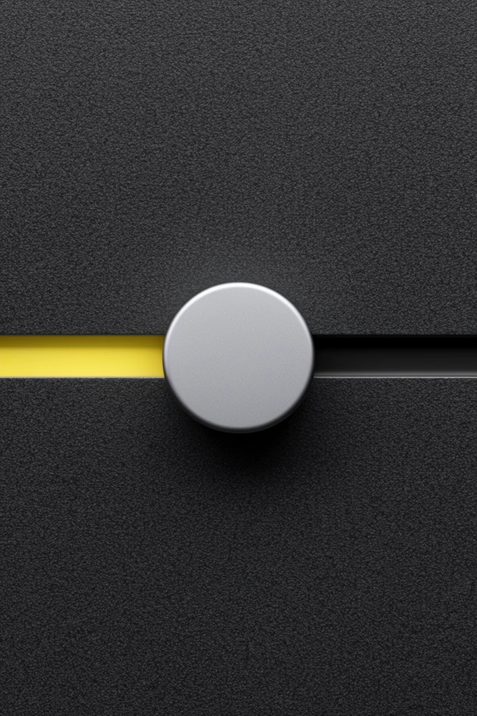 A minimalist 3D horizontal slider centered on a granular dark charcoal surface. A matte silver circular knob rests midway along the track, dividing a luminous yellow left section from a recessed black groove on the right. Soft lighting casts subtle drop shadows around the metallic component, highlighting clean geometric precision and highly tactile material finishes.