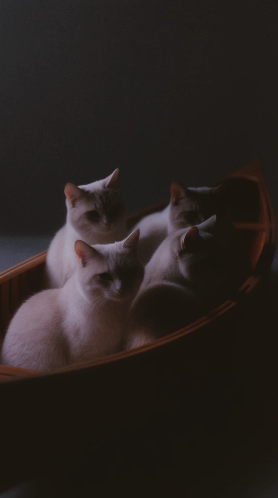 Four cats huddled together inside a wooden canoe, illuminated by a single, soft directional light source from the left against a solid, deep charcoal background. The low-key chiaroscuro lighting carves the cats' forms and the edge of the canoe out of the darkness, highlighting pale, desaturated fur textures in cool, milky whites and muted pinkish-creams. Deep espresso-brown and rich black shadows engulf the right side of the boat and the obscured felines, creating smooth, seamless gradients from soft light to absolute dark. The image features a heavy, vintage film grain and a matte finish, giving the soft-focus photography a painterly, still-life quality. A shallow depth of field isolates the central cluster of subjects, while the outer extremities of the canoe gently dissolve into the stark, unlit background.
