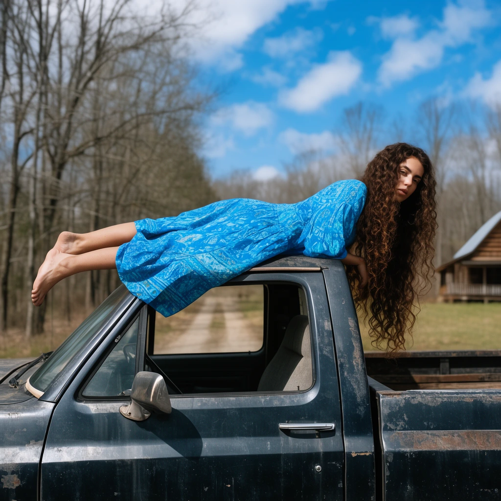 A barefoot woman in a bright blue patterned dress lies prone on the roof of a weathered dark pickup truck, her long curly hair cascading down the side window. The truck sits on a rural dirt driveway bordered by bare trees and a distant wooden cabin. Photographed in natural daylight with a shallow depth of field under a vivid blue sky with scattered clouds.