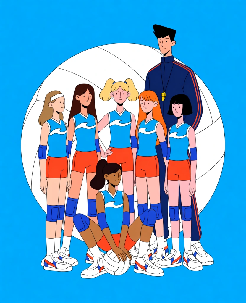 A group of seven animated teenage characters, consisting of six girls in matching volleyball uniforms and one tall boy in athletic wear, pose together in a cohesive group shot. The six girls wear uniforms featuring light blue sleeveless jerseys with a white wave graphic on the chest, bright orange athletic shorts, blue knee pads, and white sneakers with red and blue accents. On the far left, a girl with light brown hair and a white headband looks toward the center. Beside her stands a girl with long, dark brown hair. In the center foreground, a girl with dark skin and dark hair pulled into a high ponytail sits on the ground, resting her hands on a white volleyball. Standing directly behind her is a girl with blonde hair in two high pigtails, flanked on the right by a girl with long orange hair and a girl with short, black hair in a bob cut. Towering behind the girls on the right is a boy with black hair styled in a sharp peak, wearing a dark blue tracksuit with red stripes down the sleeves and a yellow whistle on a cord around his neck. The characters are positioned in front of a large, circular white graphic with curved gray lines that represent the panels of a volleyball. The entire scene is set against a solid, vibrant light blue background. The artistic style is characterized by 2D digital animation with thin black outlines, elongated character proportions, and a flat color palette with minimal shading. The composition is centered and captured from a straight-on, eye-level perspective.
