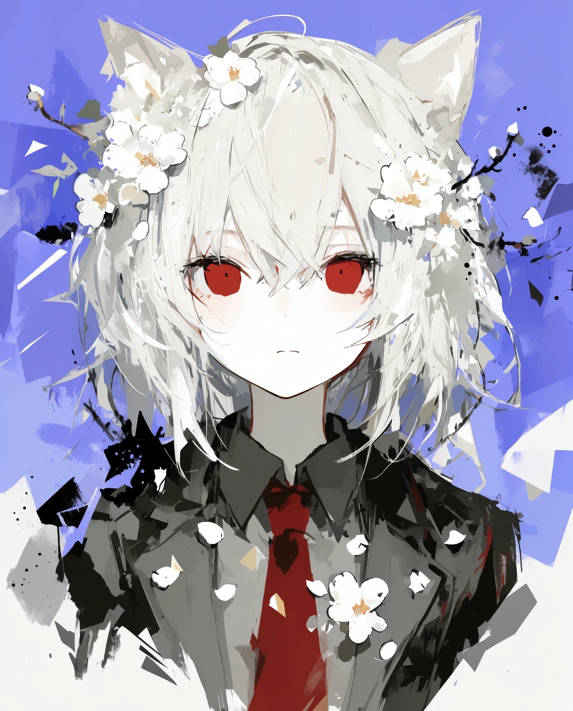 A stylized anime portrait of a pale girl with cat ears, white hair, and solid red eyes amid abstract brushstrokes. She has messy layered hair adorned with white blossoms and a neutral expression. She wears a dark grey jacket, collared shirt, and red tie with scattered white petals on her clothes. The background is an abstract wash of periwinkle blue. The digital illustration features flat colors, expressive loose brushwork, ink splatters, and geometric shapes blending with organic forms.