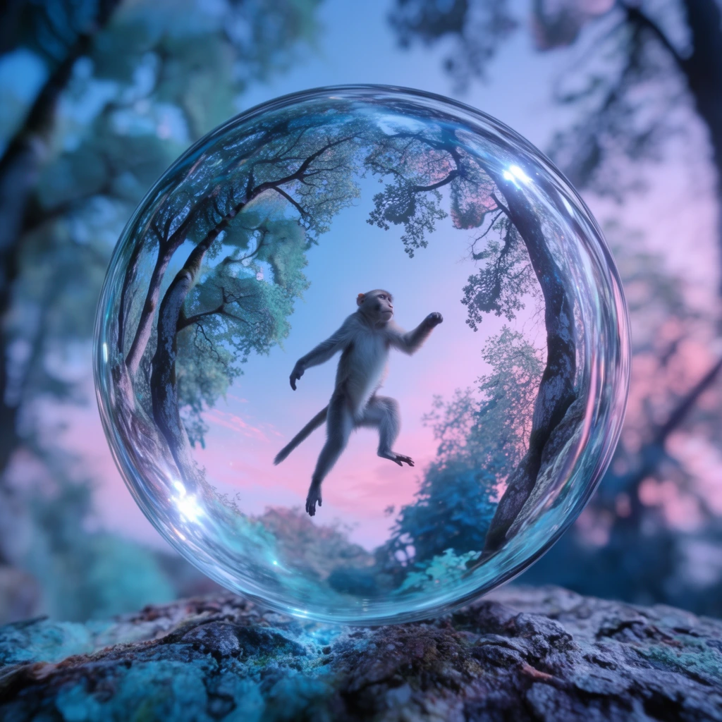 A single monkey mid-leap in the center frame, perfectly encapsulated within a pristine, transparent glass sphere resting in the extreme macro foreground. The sharply focused monkey is frozen in mid-air, rendered completely upright inside the surreal optical orb, framed by crisp, wide-angle distorted tree trunks and canopy branches that curve dramatically along the inner edges of the glass. The sphere sits atop a hyper-detailed, heavily textured rugged surface anchoring the bottom edge of the composition. Outside the orb, the external background features a deeply blurred, shallow depth-of-field forest scene mirroring the internal environment in soft bokeh. The entire scene is drenched in ethereal twilight lighting, defined by a surreal and striking color palette of icy cyans, cool deep blues, and pastel pink gradients sweeping across the sky and foliage. Brilliant specular highlights gleam across the curved glossy surface of the central bubble, completing a hyper-realistic, magical composite aesthetic that juxtaposes razor-sharp internal clarity against a hazy, dreamlike external atmosphere.