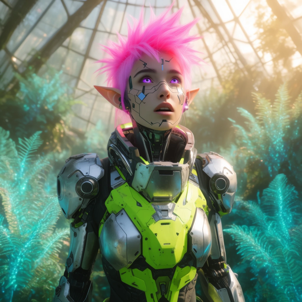 A cybernetic elf with spiky neon pink hair and glowing purple eyes stands in a sunlit greenhouse filled with bioluminescent teal ferns. She features geometric facial cyber-implants and wears a bulky silver and neon green armored scavenger suit. Warm volumetric sunlight streams through a geodesic glass roof, illuminating her expression of awe. Cinematic sci-fi photography, shallow depth of field, sharp focus on metallic textures against ethereal flora, bright high-key lighting, and vibrant neon color grading.