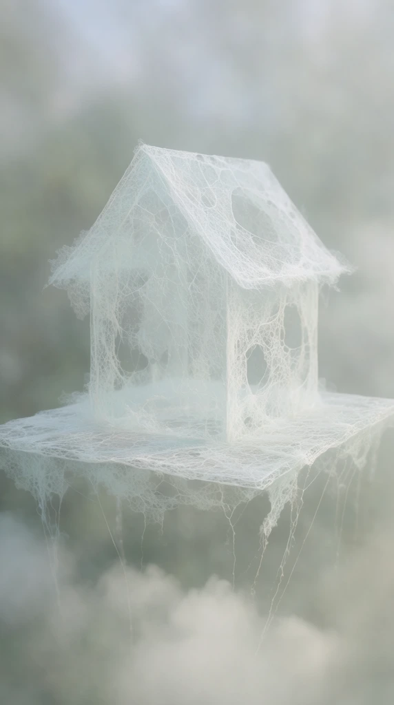 A translucent, ghostly house resting on a floating platform, constructed entirely from intricate, white, spiderweb-like threads, hovers above a hazy layer of clouds with delicate strings hanging below. The architecture of the house and the flat base beneath it are formed by a complex, porous network of delicate white fibrous veins and lace-like filaments. The walls, pitched roof, and platform are completely see-through, their volumetric forms defined exclusively by the varying density of the interwoven skeletal threads. Thin, fragile strands of the same white, silk-like material dangle downwards from the edges of the platform, trailing off into the mist. The floating structure is enveloped in a soft, heavily blurred background of dense, mottled fog and out-of-focus clouds. The scene utilizes a highly desaturated, ethereal color palette dominated by pale icy blues, soft sage greens, hazy grays, and glowing whites. Heavily diffused, low-contrast lighting permeates the composition, causing the soft, frayed edges of the fibrous architecture to blend and dissolve seamlessly into the surrounding atmospheric haze.
