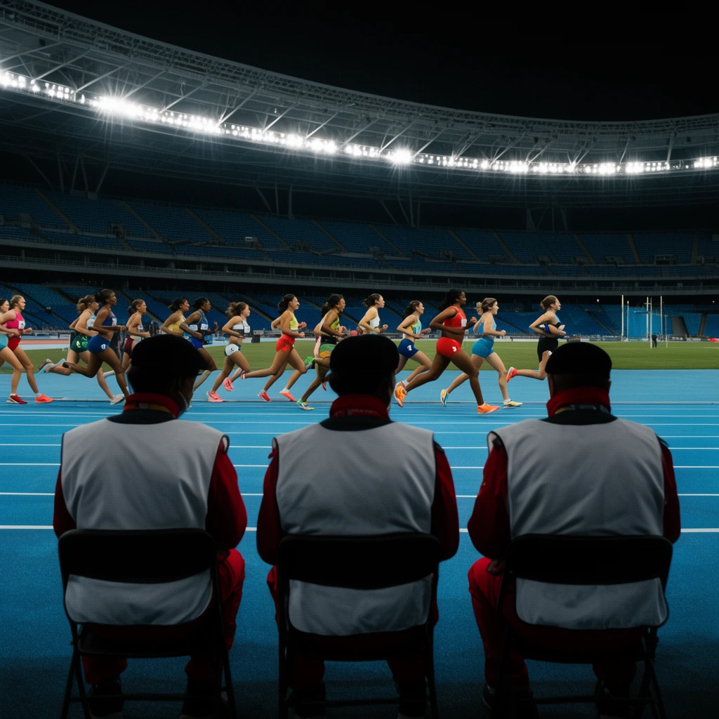three seated personnel viewed from behind in the dark foreground, white vests over red uniforms, black folding chairs, midground featuring female athletes running on a bright blue track, colorful athletic wear, background showing a massive nighttime stadium with empty blue seating, intense overhead floodlights, sports photography, low camera angle, high contrast