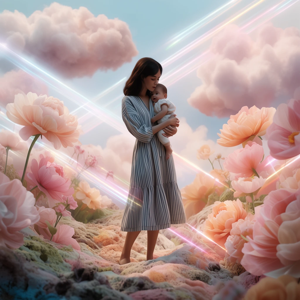 A woman in a striped dress cradles a baby within an ethereal dreamscape of oversized pastel pink and peach flowers. Fluffy clouds float in a soft blue sky above textured terrain. Diagonal glowing neon rays intersect the surreal 3D rendered environment, illuminated by soft volumetric lighting.