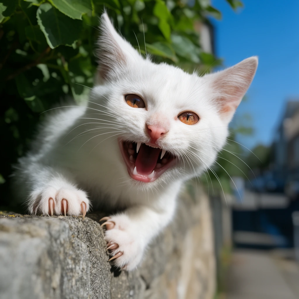 hissing white kitten on a gray stone wall, open mouth showing sharp teeth, amber eyes, claws gripping the ledge, green foliage above, blurred street background, bright blue sky, shallow depth of field, natural sunlight