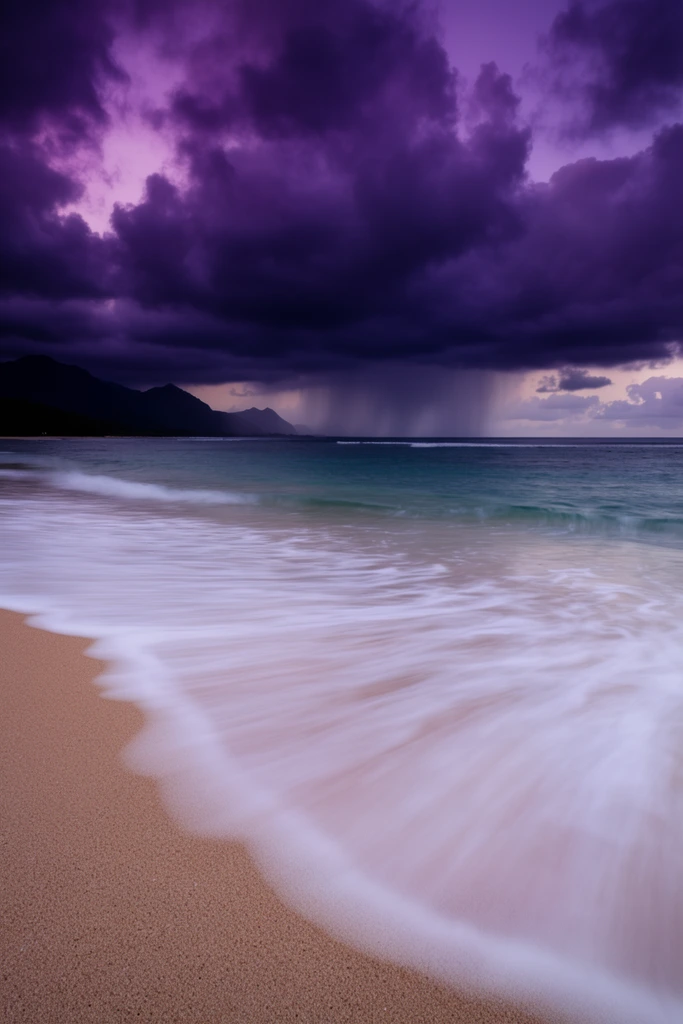long exposure beach photography, smooth milky white waves washing over tan sand, heavy dark purple storm clouds, distant ocean rain shaft, silhouetted mountains, moody twilight lighting