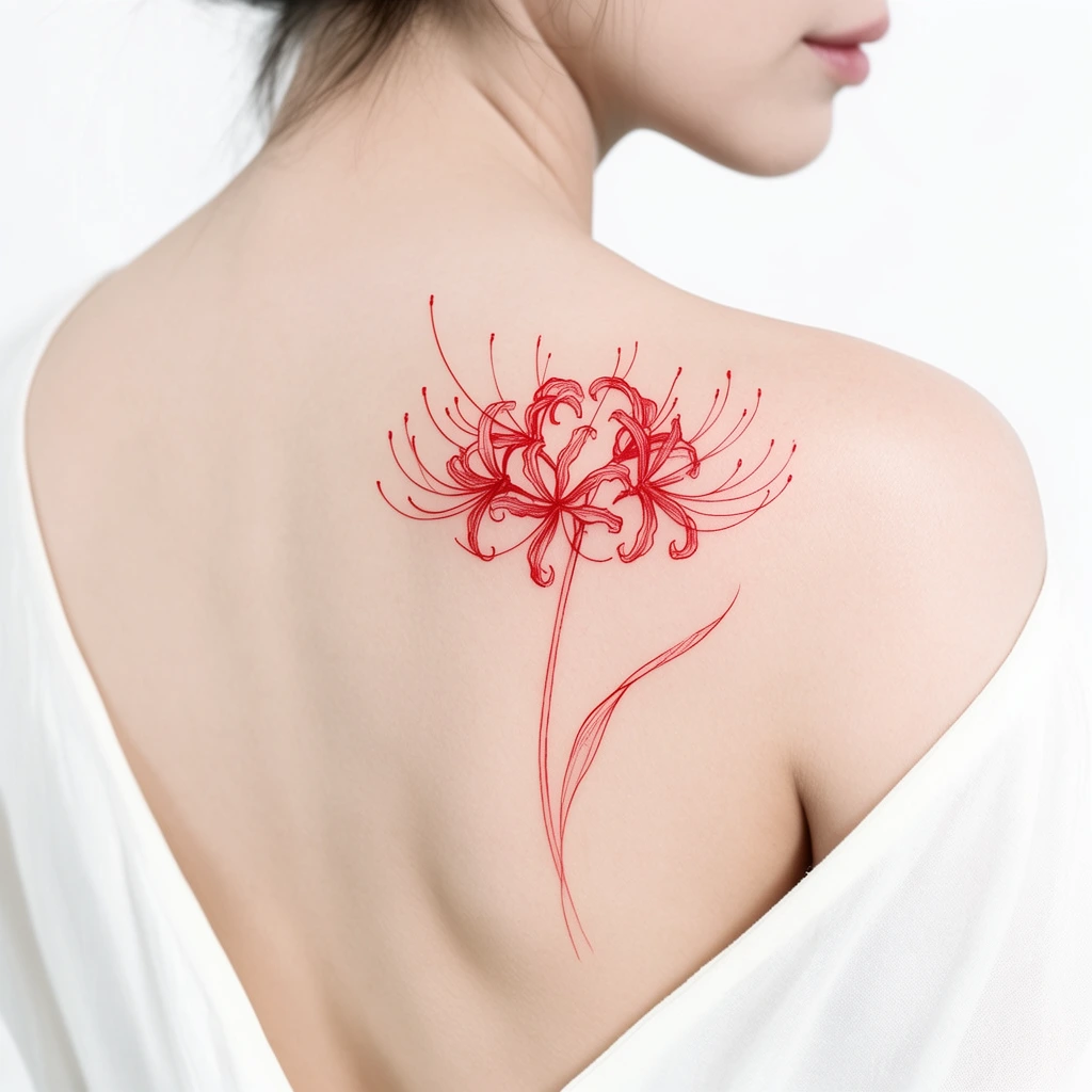 delicate red spider lily tattoo on a woman's right shoulder blade, minimalist sketched red ink lines, fluid botanical line art, bare upper back, pale skin, white garment with deep V-neck, solid white background, high key studio lighting, soft diffused light, close-up beauty portrait